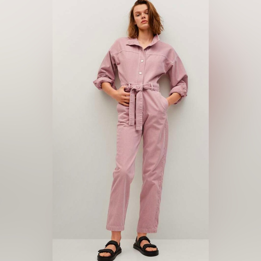 Women's Mango Pink Jean Belted Jumpsuit sz XL